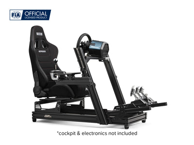 Next Level Racing ERS5 Sim Racing Seat - Fabric & SIMAERO Mesh Edition - preview gemonteerd op GT Elite Wheel Plate Edition cockpit met Thrustmaster direct drive wheelbase, stuur, loadcell pedalen en shifter
