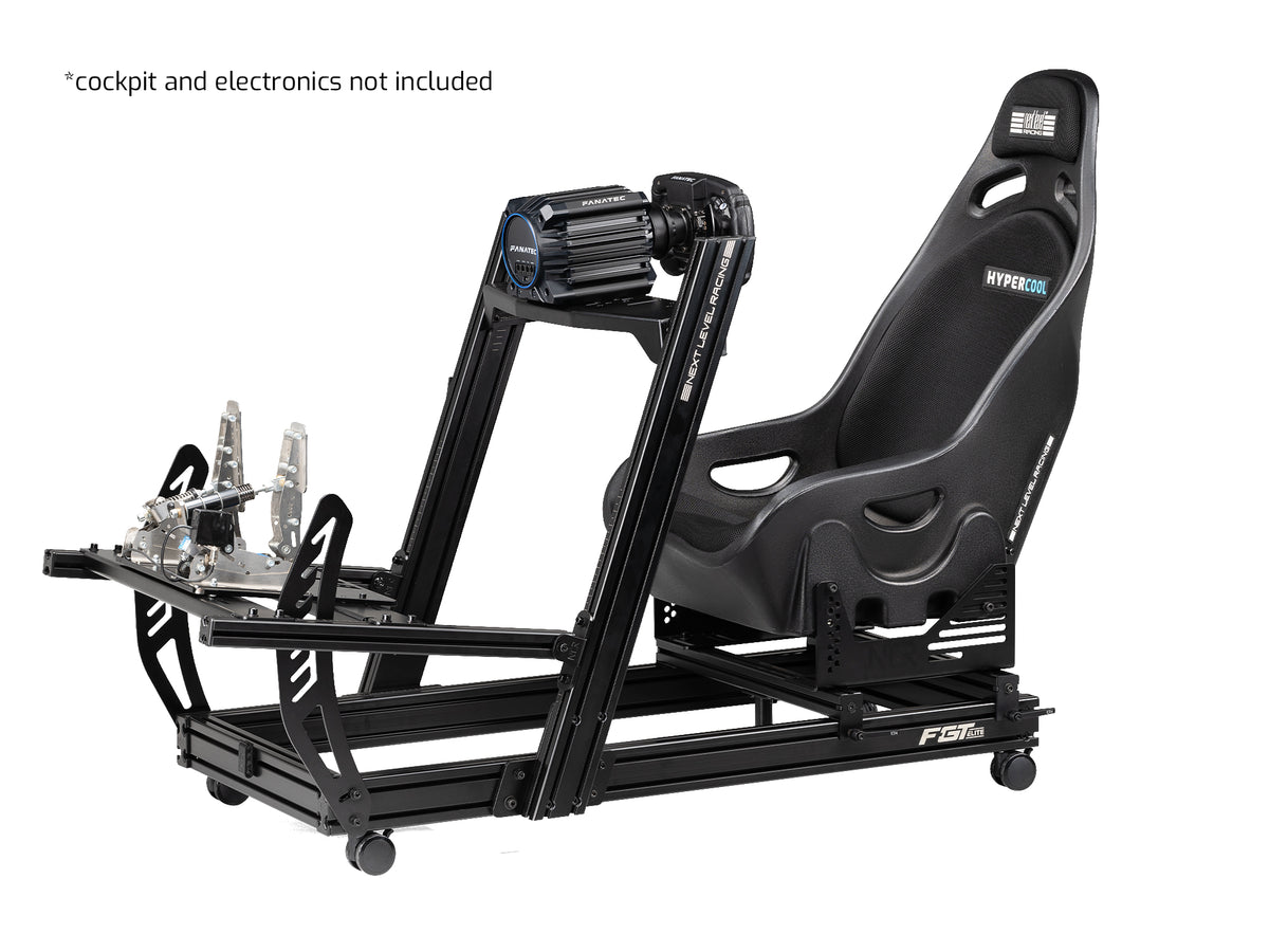 Next Level Racing ES1 Hypercool Sim Racing Seat - preview op F-GT Elite Lite Wheel Plate Edition cockpit met Fanatec direct drive wheelbase, stuur en loadcell pedalen