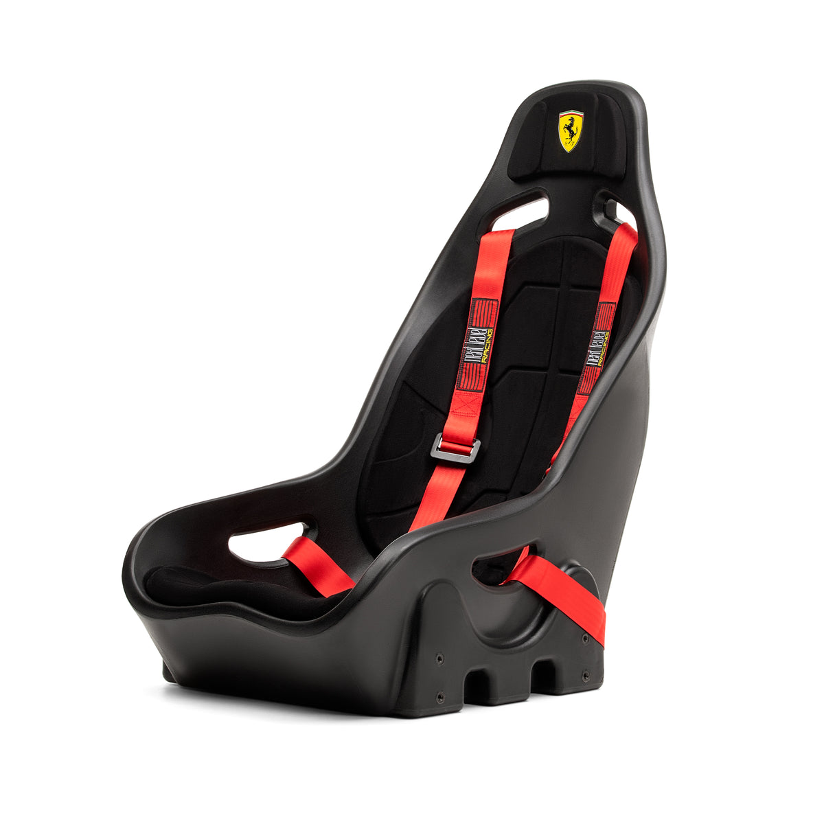 Next Level Racing ES1 Sim Racing Seat - Scuderia Ferrari Edition - linker vooraanzicht met gordels en Ferrari logo