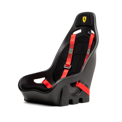 Next Level Racing ES1 Sim Racing Seat - Scuderia Ferrari Edition - linker vooraanzicht met gordels en Ferrari logo