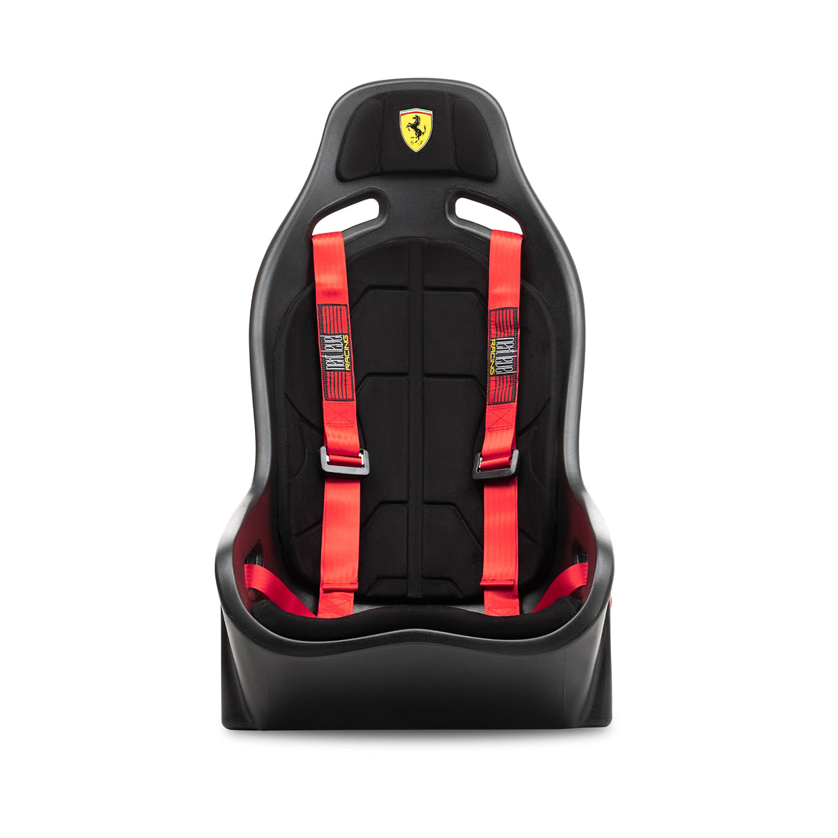 Next Level Racing ES1 Sim Racing Seat - Scuderia Ferrari Edition - vooraanzicht met gordels en Ferrari logo