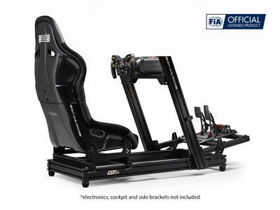 Next Level Racing ES2 Sim Racing Seat - preview gemonteerd op de GT Elite Lite Wheel Plate Edition cockpit met Asetek direct drive wheelbase, stuur en load-cell pedalen