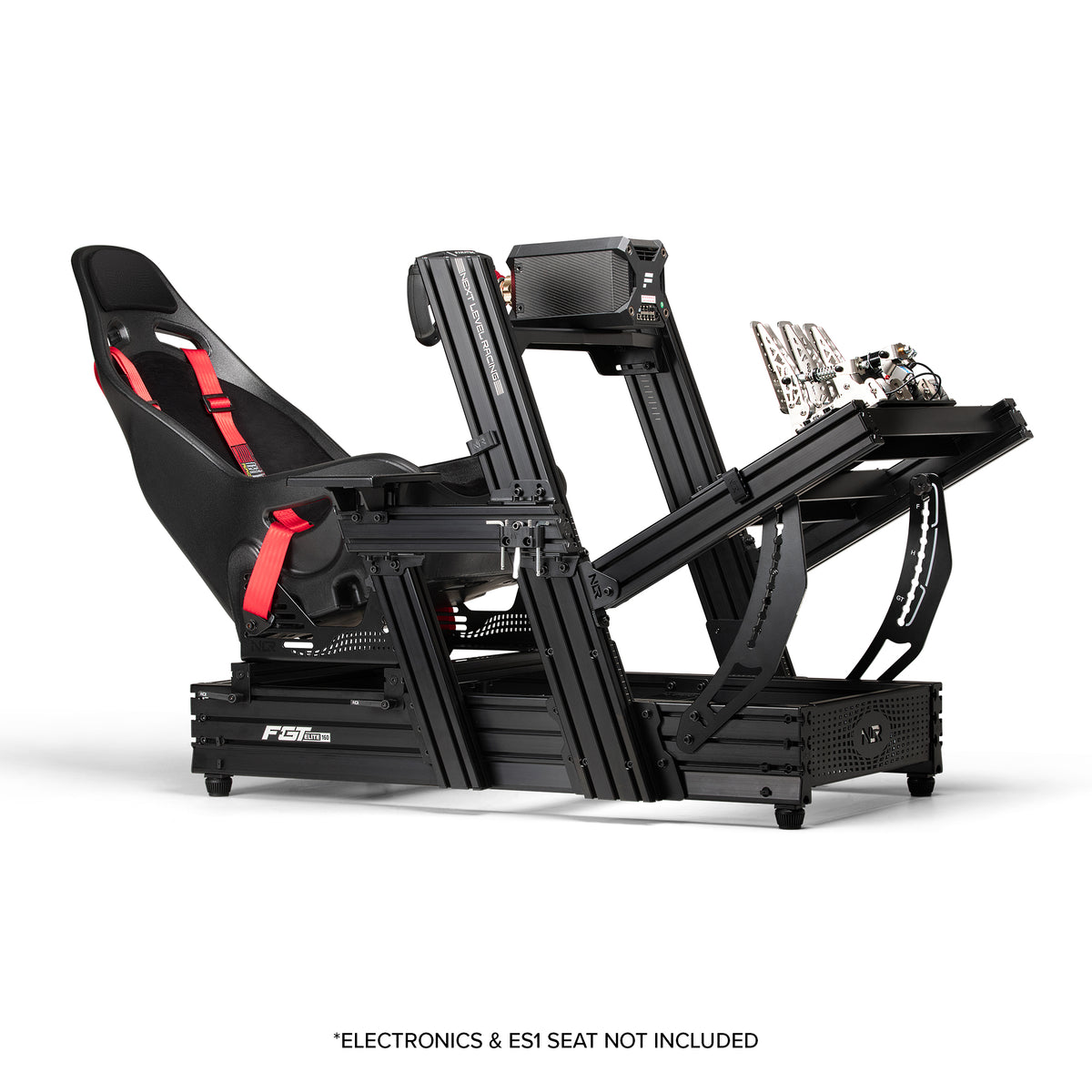 Next Level Racing F-GT Elite 160 Wheel Plate Edition - preview van cockpit in formule stand met een Fanatec direct drive wheelbase en stuur, hydraulische pedalen en de ES1 stoel