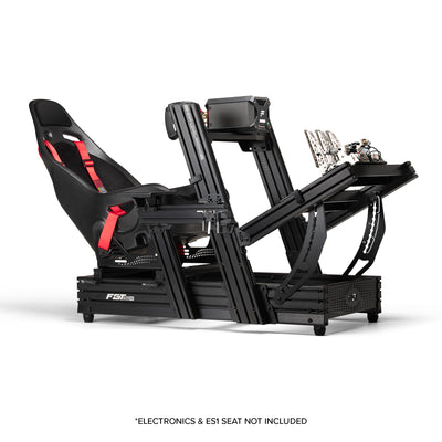 Next Level Racing F-GT Elite 160 Wheel Plate Edition - preview van cockpit in formule stand met een Fanatec direct drive wheelbase en stuur, hydraulische pedalen en de ES1 stoel
