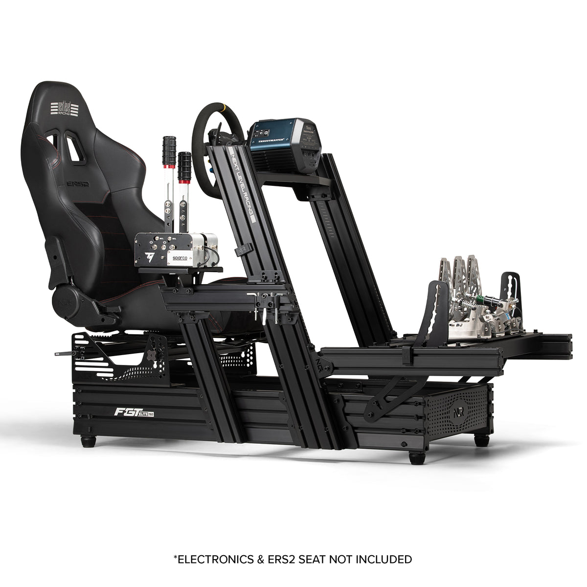 Next Level Racing F-GT Elite 160 Wheel Plate Edition - preview van cockpit in gt stand met een Thrustmaster direct drive wheelbase en stuur, loadcell pedalen, handrem , shifter en de ERS2 stoel