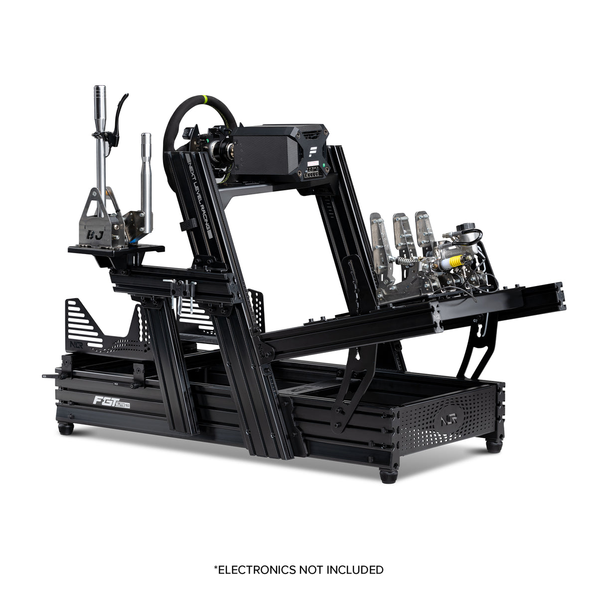 Next Level Racing F-GT Elite 160 Wheel Plate Edition - preview van cockpit in hybride stand met een Fanatec direct drive wheelbase en stuur, hydraulische pedalen, handrem, shifter maar zonder stoel