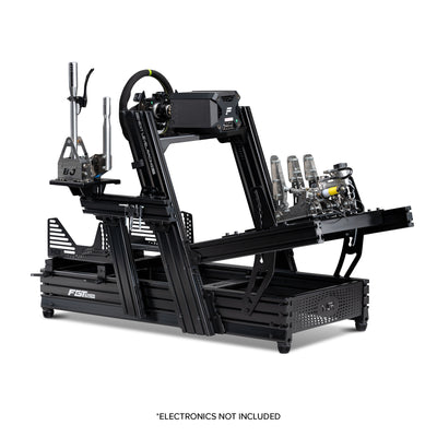Next Level Racing F-GT Elite 160 Wheel Plate Edition - preview van cockpit in hybride stand met een Fanatec direct drive wheelbase en stuur, hydraulische pedalen, handrem, shifter maar zonder stoel