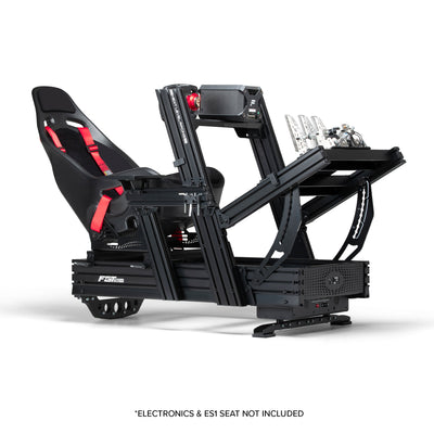 Next Level Racing F-GT Elite 160 Wheel Plate Edition - preview van cockpit in formule stand met een Fanatec direct drive wheelbase en stuur, hydraulische pedalen en de ES1 stoel en het Motion Plus motion systeem