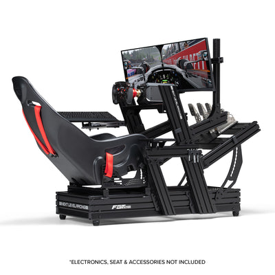 Next Level Racing F-GT Elite 160 Wheel Plate Edition - preview van cockpit in formule stand met een Fanatec direct drive wheelbase en stuur, hydraulische pedalen, ES1 stoel, 34 inch ultra wide monitor en de F-GT Elite Direct Monitor Mount