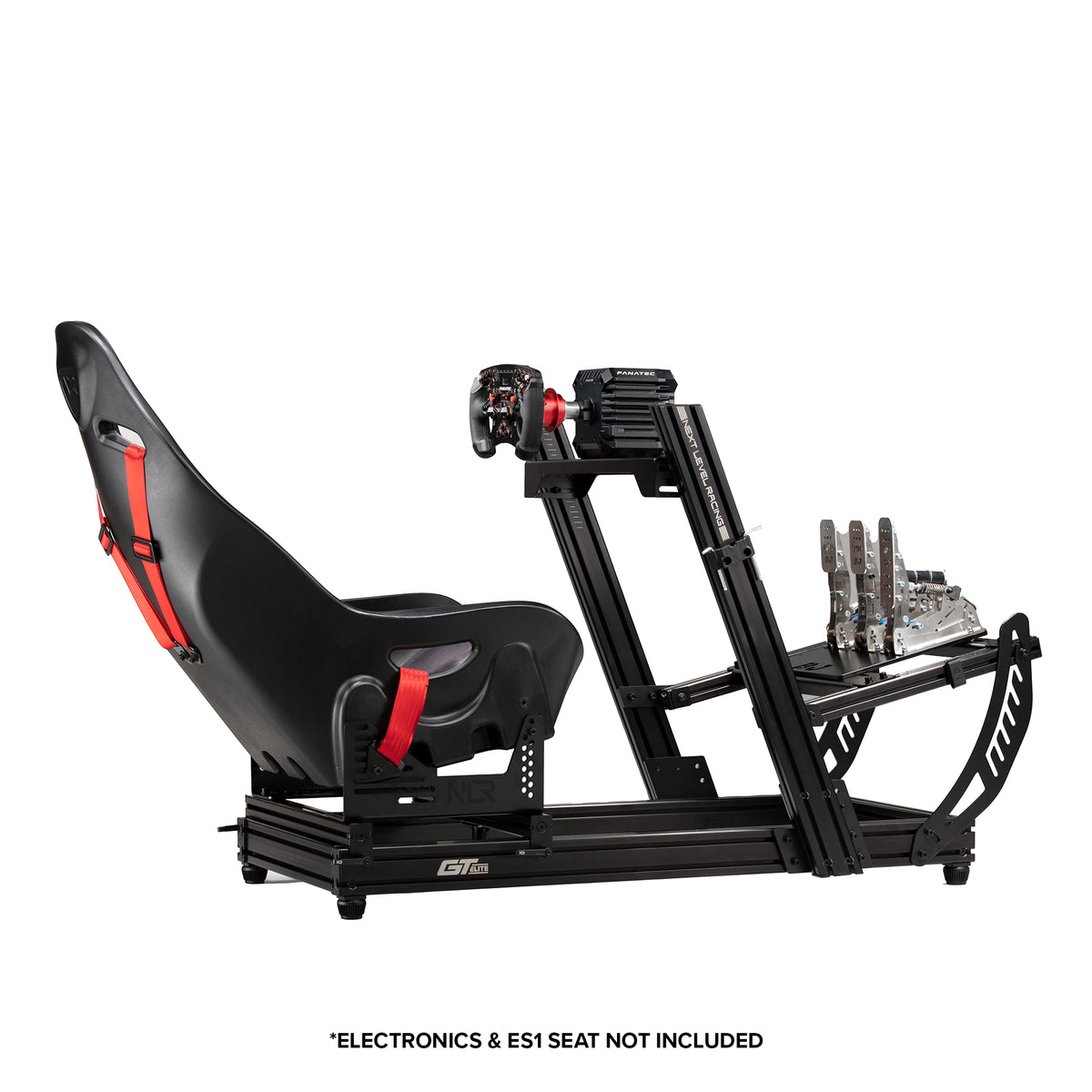 Next Level Racing F-GT Elite Lite Wheel Plate Edition - preview met Fanatec direct drive wheelbase en stuur, loadcell pedalen en ES1 stoel in formule stand