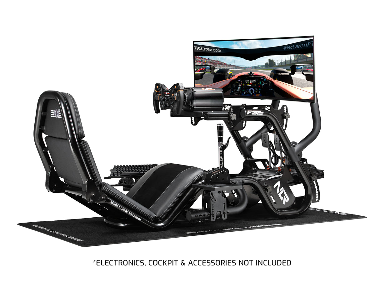 Next Level Racing F-GT Pro Direct Keyboard and Mouse Tray - preview met toetsenbord en muis gemonteerd op de F-GT Pro Black Edition met een Asetek direct drive wheelbase, Asetek stuur, Asetek load-cell pedalen, MOZA SGP shifter, F-GT Pro Direct Monitor Mount, 49 inch ultra-wide gaming monitor