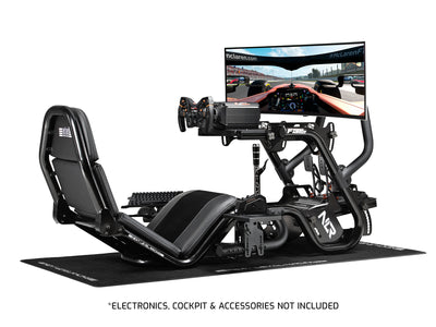 Next Level Racing F-GT Pro Direct Keyboard and Mouse Tray - preview met toetsenbord en muis gemonteerd op de F-GT Pro Black Edition met een Asetek direct drive wheelbase, Asetek stuur, Asetek load-cell pedalen, MOZA SGP shifter, F-GT Pro Direct Monitor Mount, 49 inch ultra-wide gaming monitor