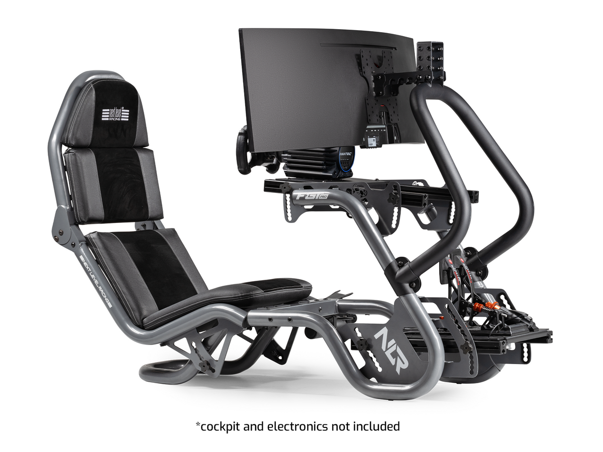 Next Level Racing F-GT Pro Direct Monitor Mount 2.0 - preview gemonteerd op de F-GT Pro Grey Edition met een Fanatec direct drive wheelbase, stuur, load-cell pedalen en een 49 inch ultra-wide gaming monitor