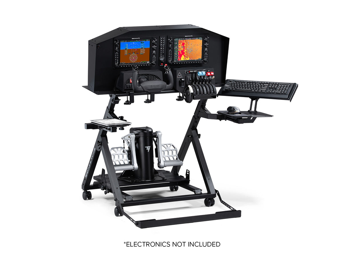 Next Level Racing Flight Stand Pro - preview met yoke, Thrustmaster rudder pedal, flaps en flight displays