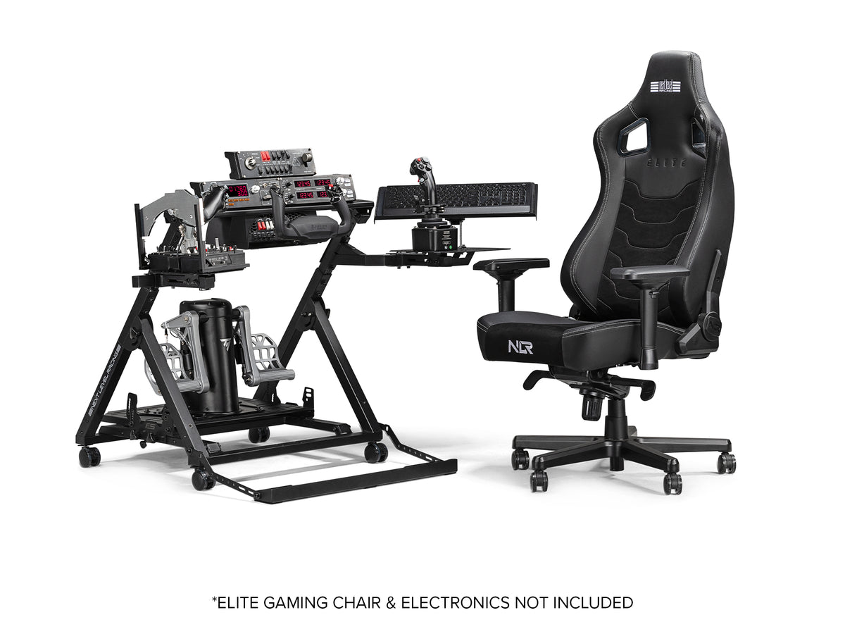 Next Level Racing Flight Stand Pro - preview met stoel, yoke, flightstick, throttle, Thrustmaster rudder pedals en instrument panels