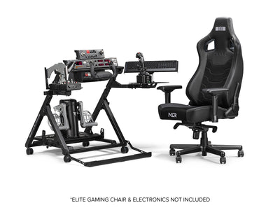 Next Level Racing Flight Stand Pro - preview met stoel, yoke, flightstick, throttle, Thrustmaster rudder pedals en instrument panels