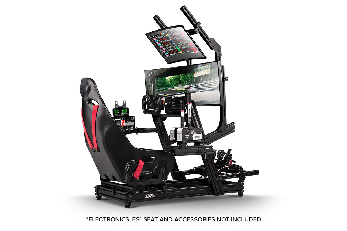 Next Level Racing GT Elite Wheel Plate Edition - preview met Fanatec direct drive wheelbase, stuur, pedalen, shifter, handrem, gt elite direct monitor mount, overhead mount, 2 monitoren, tablet mount en ES1 stoel