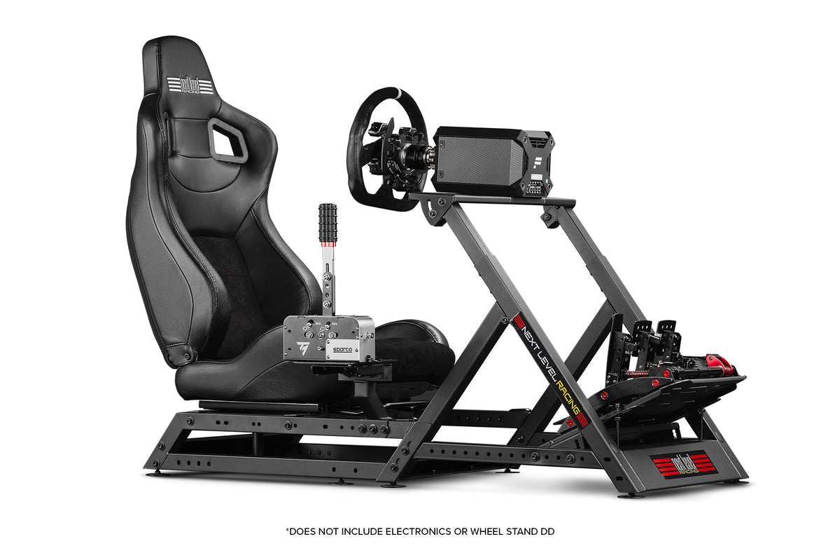 Next Level Racing GT Seat Add-on - gemonteerd aan de Wheel Stand 2.0met een Fanatec direct drive wheelbase, load-cell pedalen en een Thrustmaster Sparco shifter/handrem