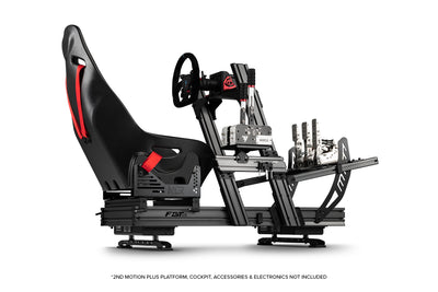 Next Level Racing Motion Plus Platform - preview met twee motion plus platformen gemonteerd op een F-GT Elite Front & Side Mount Edition cockpit met een ES1 stoel, Simucube direct drive wheelbase, Cube Controls stuur, load-cell pedalen, shifter en handrem - 3dof opstelling