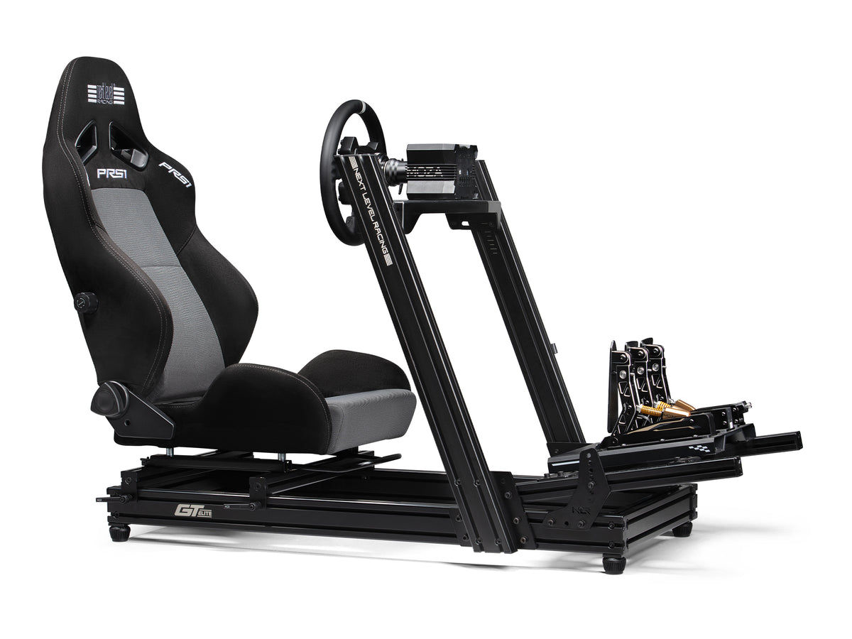 Next Level Racing PRS1 Sim Racing Seat - preview gemonteerd op een GT Elite Lite Wheel Plate Edition cockpit met een MOZA direct drive wheelbase, CS V2P stuur en CRP2 pedalen