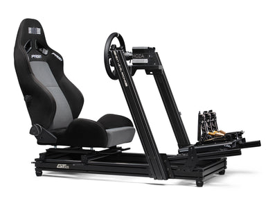Next Level Racing PRS1 Sim Racing Seat - preview gemonteerd op een GT Elite Lite Wheel Plate Edition cockpit met een MOZA direct drive wheelbase, CS V2P stuur en CRP2 pedalen