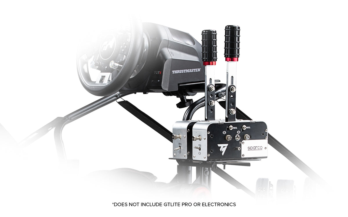 Next Level Racing Universal Handbrake Plate - preview gemonteerd op de GT Racer met twee Thrustmaster Sparco handbrake/shifters
