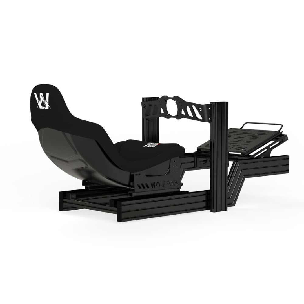 Wolf Racing Fenrir Formula Sim Rig Cockpit - met zwarte stoel en reguliere front mount en pedaal plaat met slider