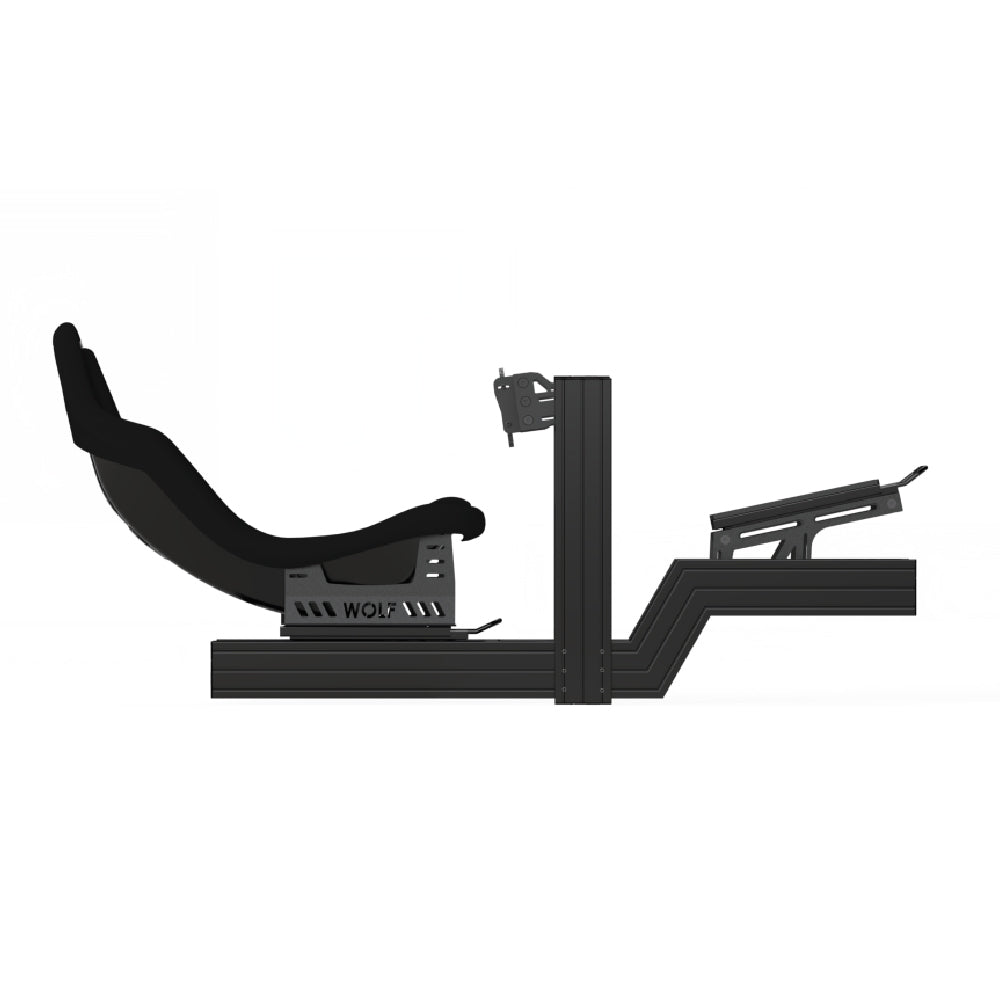 Wolf Racing Fenrir Formula Sim Rig Cockpit - zijaanzicht met een zwarte stoel en pedaal plaat met slider