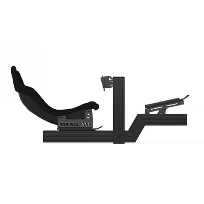 Wolf Racing Fenrir Formula Sim Rig Cockpit - zijaanzicht met een zwarte stoel en pedaal plaat met slider